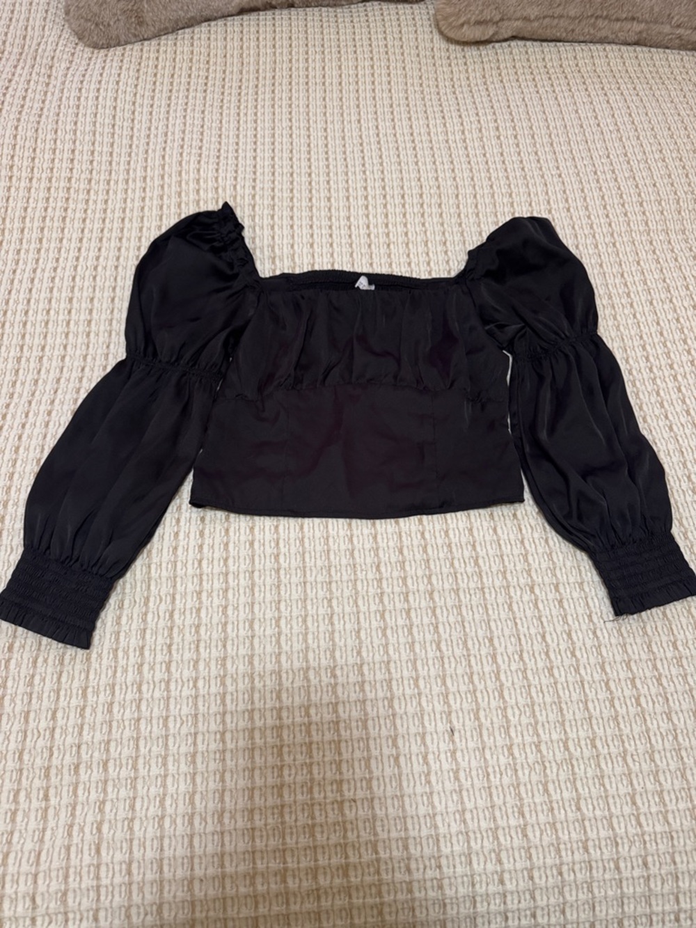 Divided Black Puff Sleeve Square-Neck Crop Blouse